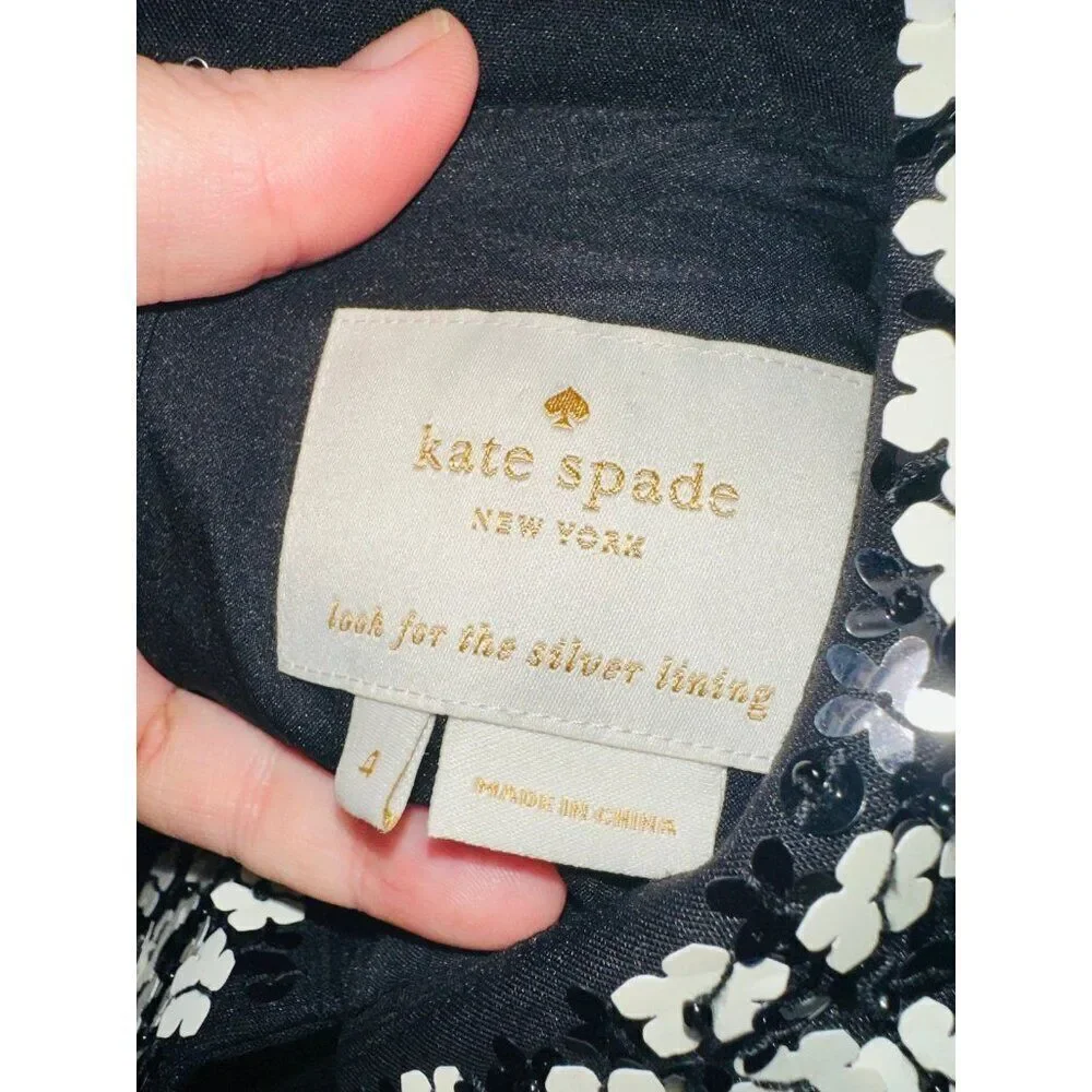 FB12 Kate Spade‎ Black Bradie Dress Sequins Daisy Flowers Size 4 Pockets